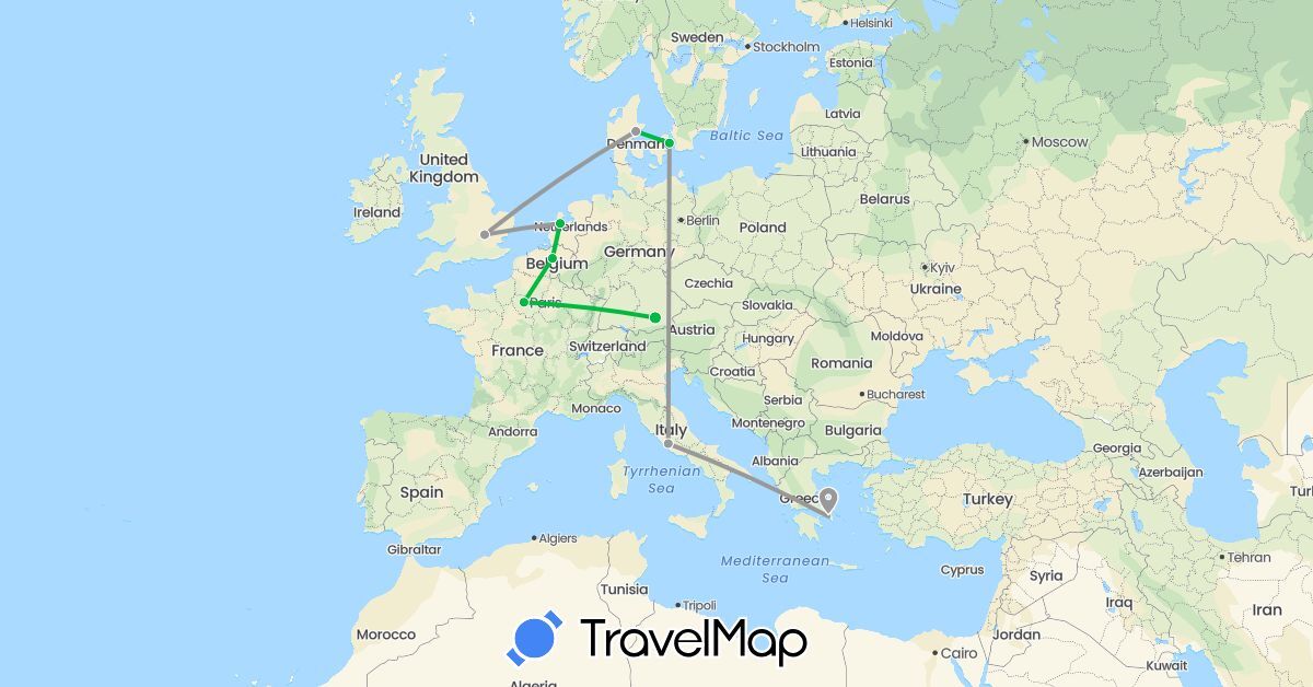 TravelMap itinerary: driving, bus, plane in Belgium, Germany, Denmark, France, United Kingdom, Greece, Italy, Netherlands (Europe)